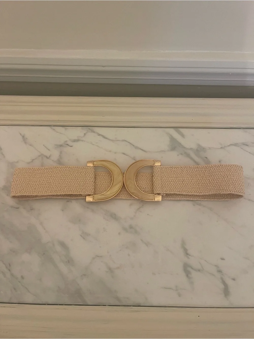 New York & Company Cream Elastic Belt with Gold Crescent Buckle